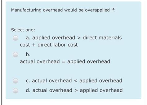 Solved Overapplied manufacturing overhead would .